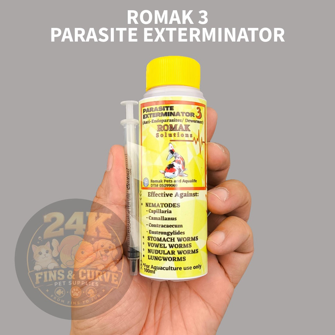 Romak 3 Parasite Exterminator Dewormer/Stomach/Vowel/Nudular/Lung Worms Treatment for Pet Fish and Aquaculture 100ml
