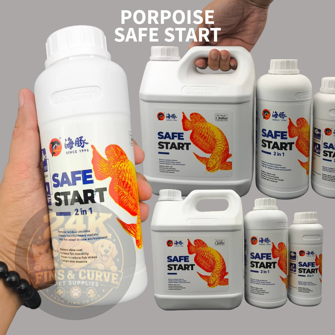 Porpoise Safe Start 2 in 1 Aquarium Water Conditioner Anti Chlorine Dechlorinator 500mL 1L 1Gal