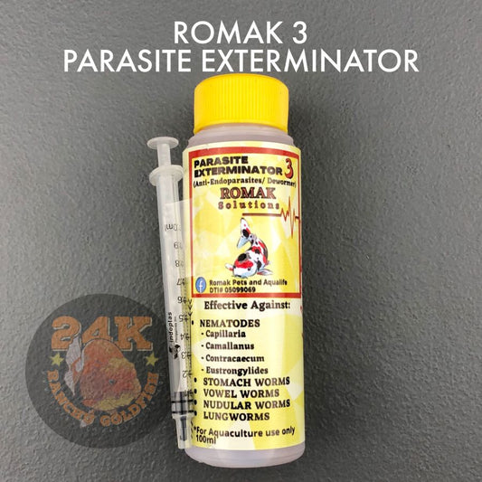 Romak 3 Parasite Exterminator Dewormer/Stomach/Vowel/Nudular/Lung Worms Treatment for Pet Fish and Aquaculture 100ml