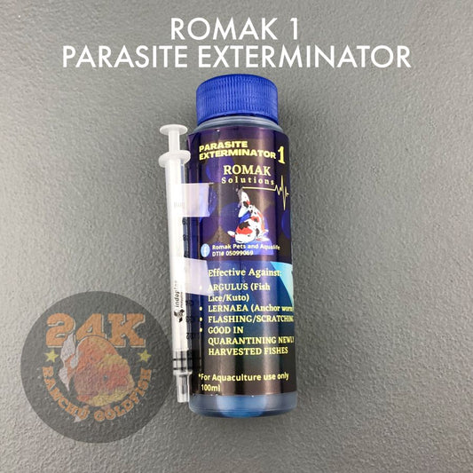 Romak 1 Parasite Exterminator Lice/Kuto/Anchor Worm Treatment for Pet Fish and Aquaculture 100ml