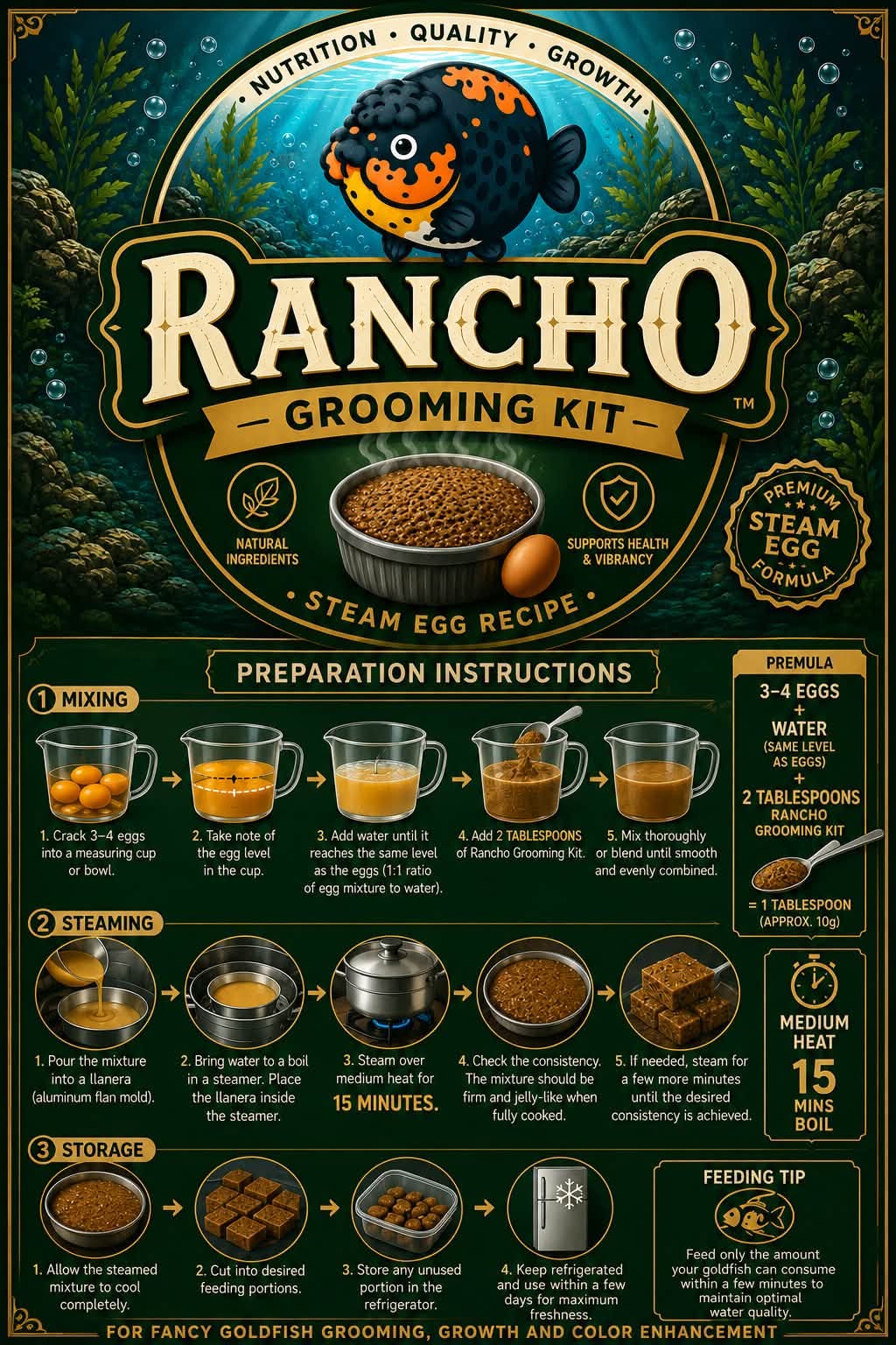 Rancho Boi Steamed Egg Recipe Mix for Ranchu Goldfish Homemade Fish Food Grooming Formula