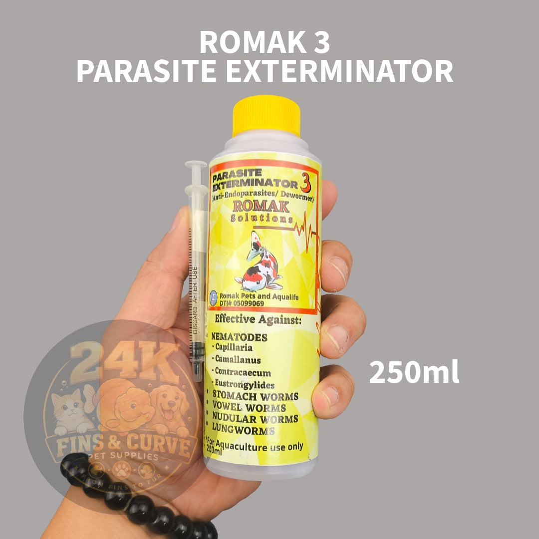 Romak 3 Parasite Exterminator Dewormer/Stomach/Vowel/Nudular/Lung Worms Treatment for Pet Fish and Aquaculture 100ml